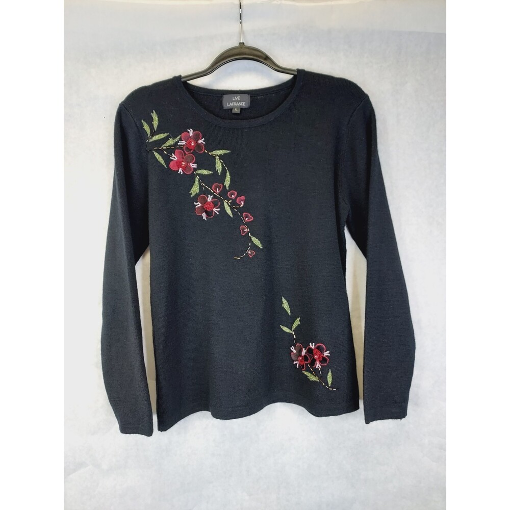 Live LaFrance Sweater Women's L Black Floral Embroidered Beaded Knit Wool Blend